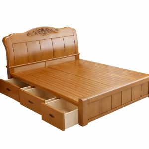 Brown Teak Wooden Double Bed With Storage